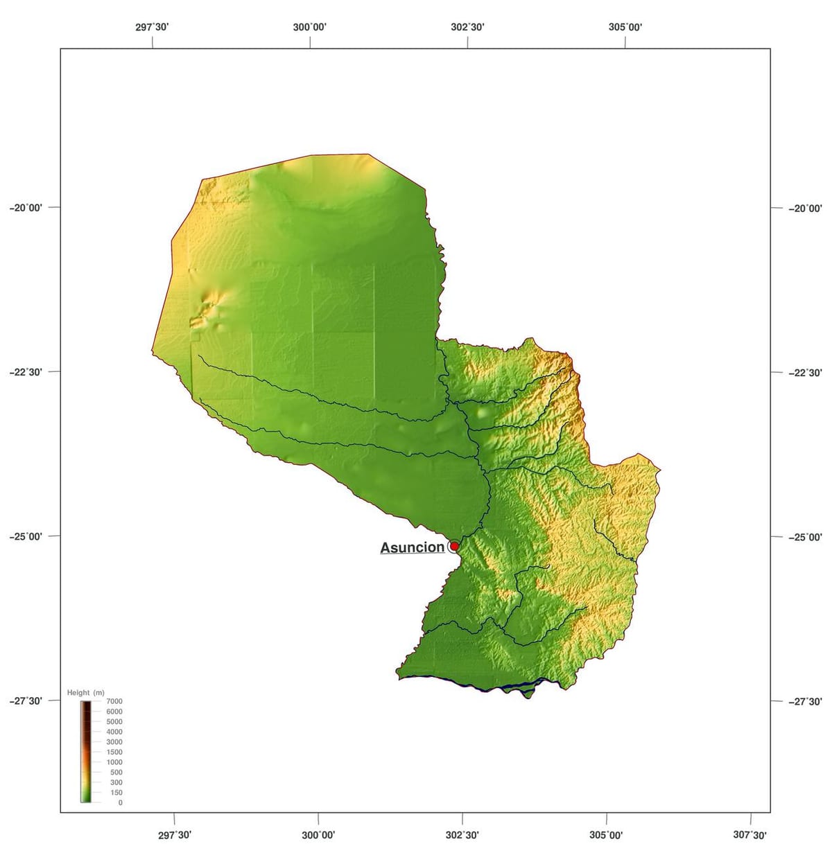 Mapa fyzické Paraguay