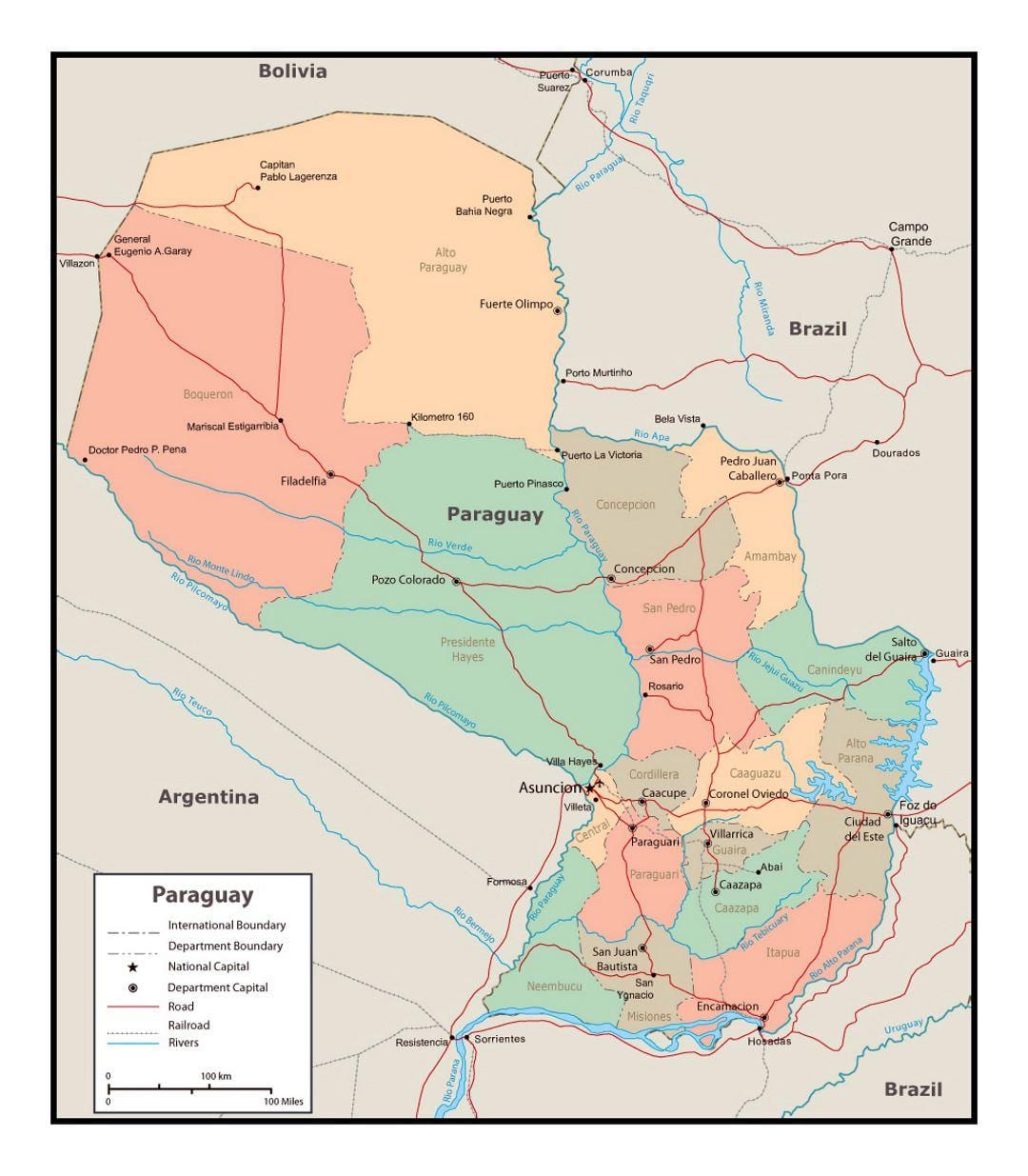 Mapa Paraguaye s městy